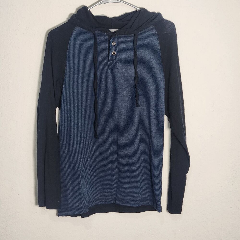 Distortion Mens Medium Hooded Henley Shirt Blue Black Stripe Long Sleeve Casual